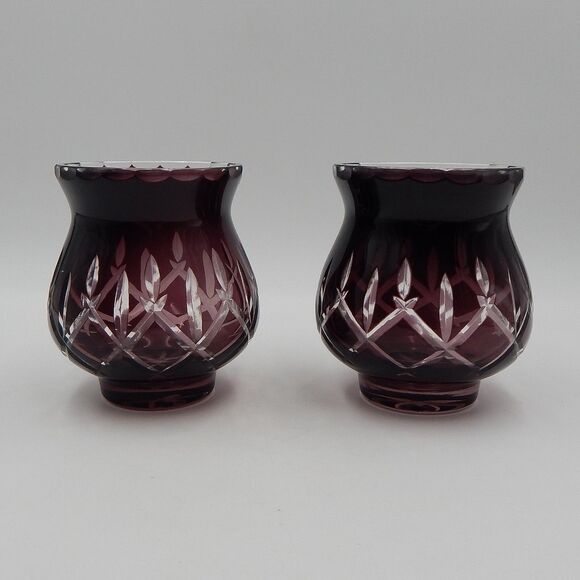 Gorham Crystal Lady Anne Hurricane Candle Holders Amethyst 5 In Cut To Clear/2 - Picture 1 of 9